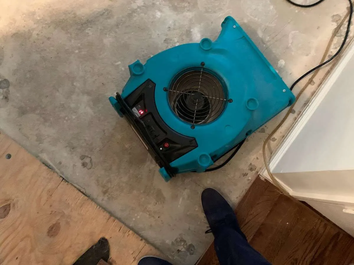 Air mover drying subfloor during Commercial Water Damage Restoration in Royse City